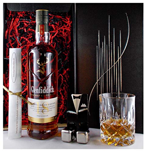 Geschenk Glenfiddich 18 Jahre Single Malt Whisky + Kristallglas + 2 Whiskey Kühlsteine von H-BO