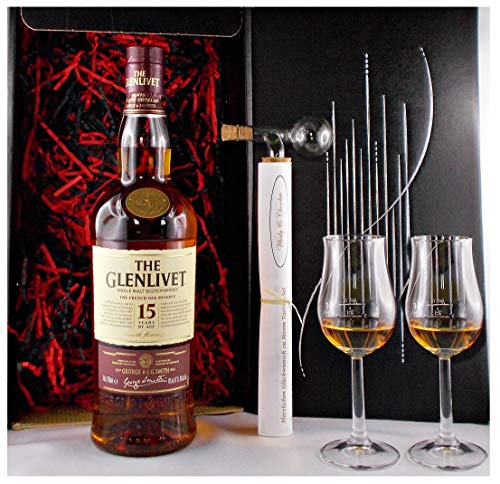 Geschenk Glenlivet 15 Jahre French Oak Single Malt Whisky + Glaskugelportionierer + 2 Bugatti Gläser von H-BO