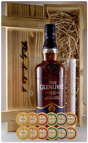 Geschenk Glenlivet 18 Jahre Single Malt Whisky + 12 Edelschokoladen in geflammter Holzkiste von H-BO