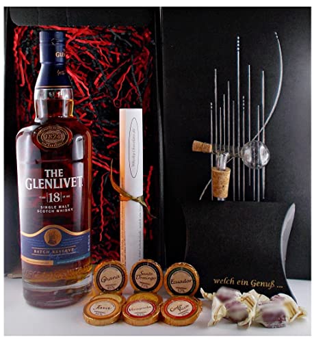 Geschenk Glenlivet 18 Jahre Single Malt Whisky + Glaskugelportionierer + Edelschokolade + Fudge von H-BO