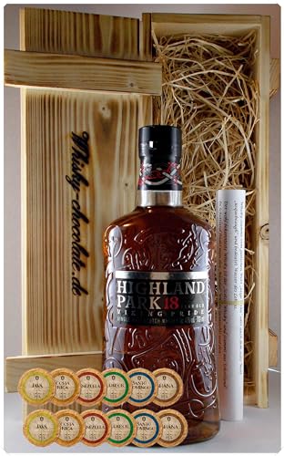 Geschenk Highland Park 18 Jahre Single Malt Whisky + 12 Edelschokoladen in geflammter Holzkiste von H-BO