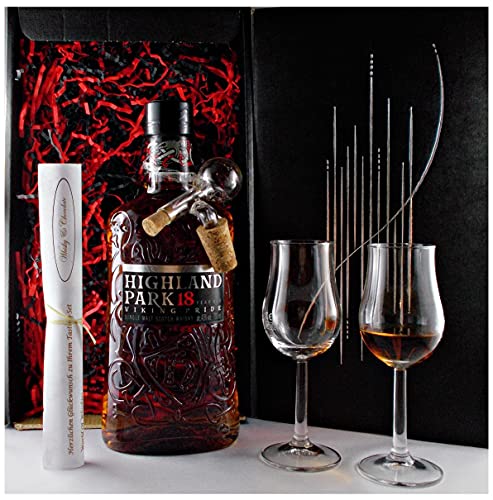 Geschenk Highland Park 18 Jahre Single Malt Whisky + 2 Bugatti Gläser + Glaskugelportionierer von H-BO