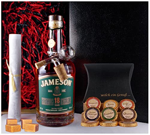 Geschenk Jameson 18 Jahre Irischer Whiskey + Glaskugelportionierer + Edelschokoladen + Whisky Fudge von H-BO