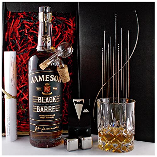 Geschenk Jameson Black Barrel irischer Whiskey + Glaskugelportionierer + Whisky Glas + 2 Kühlsteine von H-BO