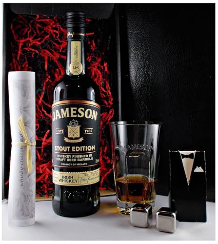 Geschenk Jameson Caskmates stout Edition irischer Whiskey + Original Longdrink Glas + 2 Whisky Kühlsteine im Smoking von H-BO