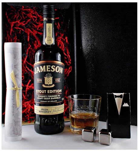 Geschenk Jameson Caskmates stout Edition irischer Whiskey + Original Whisky Glas + 2 Whisky Kühlsteine von H-BO