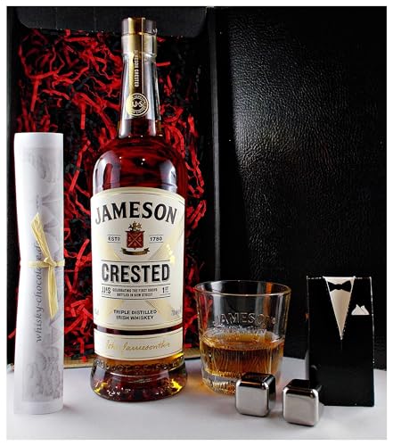 Geschenk Jameson Crested irischer Whiskey + Original Whisky Glas + 2 Whisky Kühlsteine im Smoking von H-BO