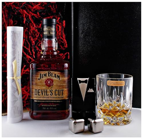 Geschenk Jim Beam Devil`s Cut Bourbon Whiskey + Kristall Glas + 2 Whisky Kühlsteine Geschenk Jim Beam Devil`s Cut Bourbon Whiskey + Kristall Glas + 2 Whisky Kühlsteine von H-BO