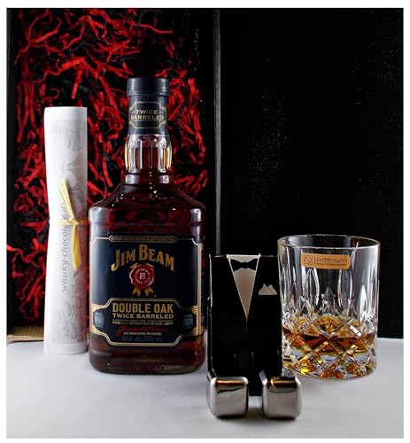 Geschenk Jim Beam Double Oak Bourbon Whiskey + Whiskyglas + 2 Whisky Kühlsteine von H-BO