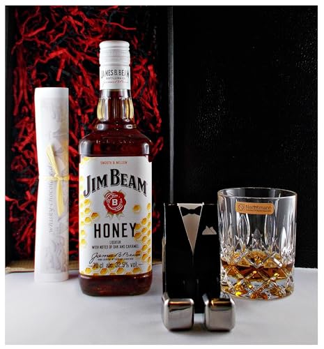 Geschenk Jim Beam Honey Whiskeylikör neue Ausstattung + 2 Whisky Kühlsteine + Whiskyglas Nachtmann von H-BO