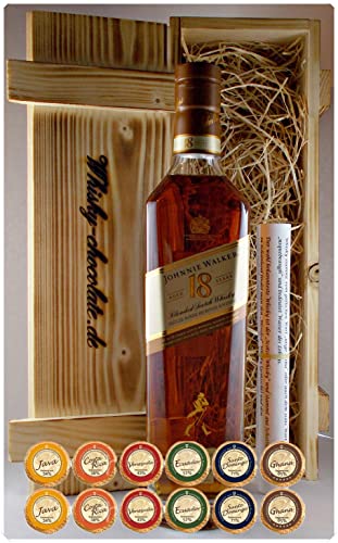 Geschenk Johnnie Walker 18 Jahre scotch Whisky + 12 Edelschokoladen in Holzkiste von H-BO