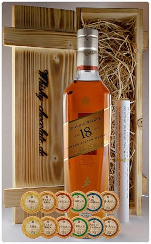 Geschenk Johnnie Walker 18 Jahre scotch Whisky + 12 Edelschokoladen in Holzkiste von H-BO