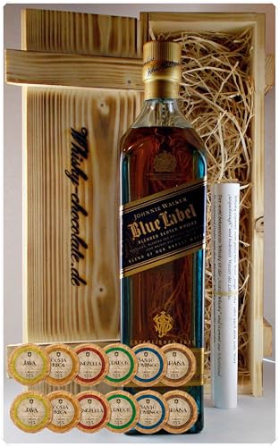 Geschenk Johnnie Walker Blue Label scotch Whisky + 12 Edelschokoladen in 6 Sorten in Holzkiste von H-BO