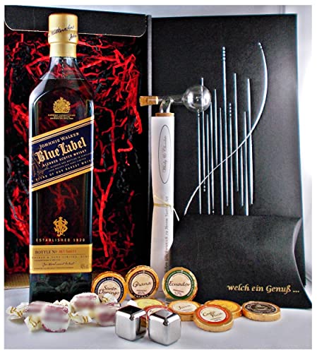 Geschenk Johnnie Walker Blue Label scotch Whisky + Edelschokolade + Kühlsteine + Glaskugelportionierer von H-BO