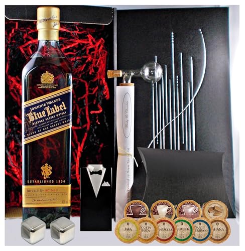 Geschenk Johnnie Walker Blue Label scotch Whisky + Edelschokolade + Kühlsteine + Glaskugelportionierer von H-BO