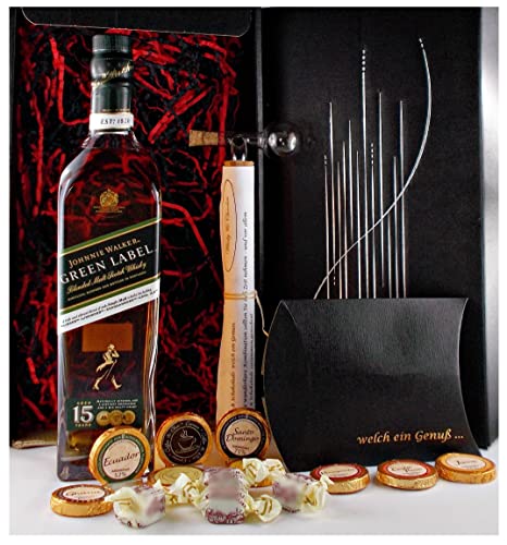 Geschenk Johnnie Walker Green Label 15 Blended Malt Whisky + Glaskugelportinierer + Edelschokolade + Fudge von H-BO