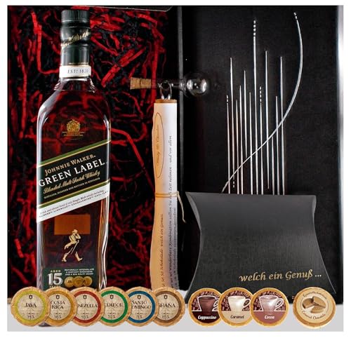 Geschenk Johnnie Walker Green Label 15 Jahre Blended Malt Whisky + Glaskugelportionierer + Edelschokoladen von H-BO