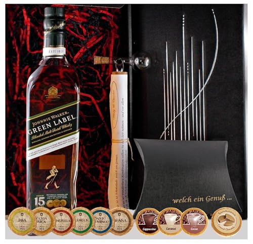 Geschenk Johnnie Walker Green Label 15 Blended Malt Whisky + Glaskugelportinierer + Edelschokolade + Fudge von H-BO