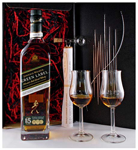 Geschenk Johnnie Walker Green Label 15 Jahre Blended Malt Whisky + Glaskugelportionierer + 2 Bugatti Gläser von H-BO