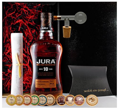 Geschenk Jura 10 Jahre Single Malt Whisky + Glaskugelportionierer + Edelschokoladen in 10 Sorten von H-BO