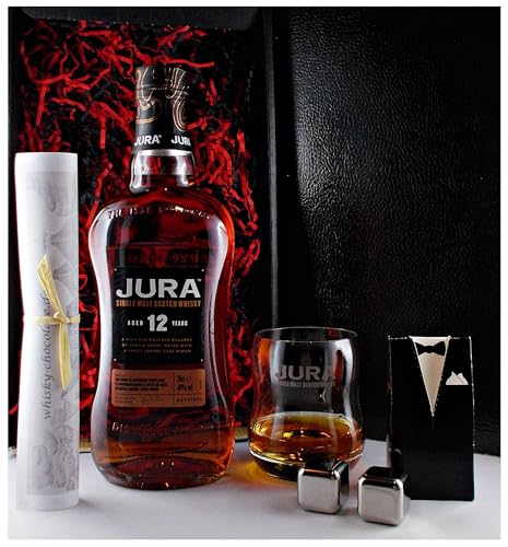 Geschenk Jura 12 Jahre Single Malt Whisky + Original Glas + 2 Kühlsteine im Smoking von H-BO