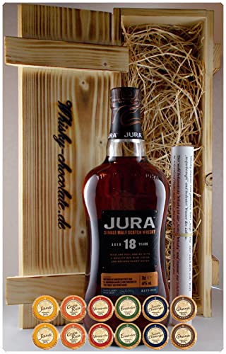 Geschenk Jura 18 Jahre Single Malt Whisky + 12 Edelschokoladen in Holzkiste von H-BO