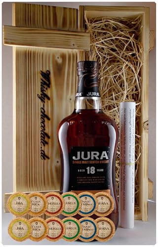 Geschenk Jura 18 Jahre Single Malt Whisky + 12 Edelschokoladen in Holzkiste von H-BO