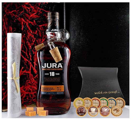 Geschenk Jura 18 Jahre Single Malt Whisky + Glaskugelportionierer + Edelschokolade + Whiskey Fudge von H-BO