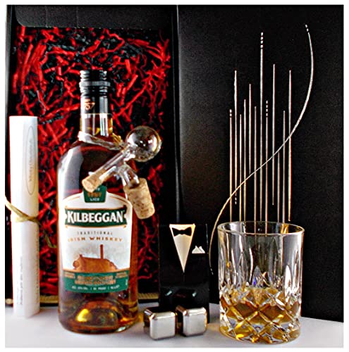 Geschenk Kilbeggan Irischer Whiskey + Glaskugelportionierer + Whisky Glas + 2 Whisky Kühlsteine von H-BO