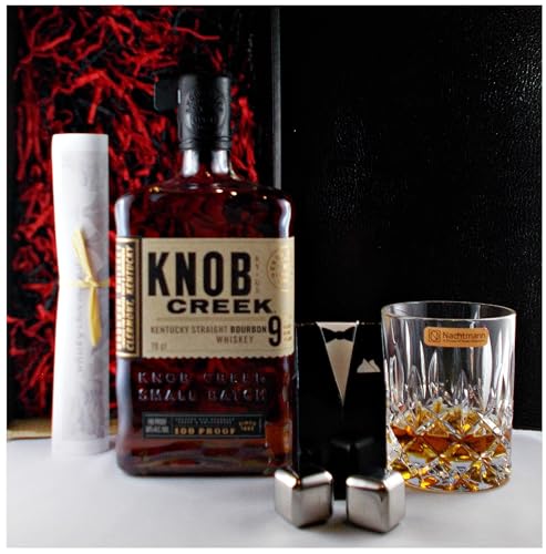 Geschenk Knob Creek small batch Bourbon Whiskey + 2 Whisky Kühlsteine + Whisky Glas von H-BO