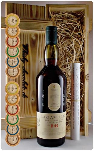 Geschenk Lagavulin 16 Jahre Single Malt Whisky + 12 Edelschokoladen in Holzkiste von H-BO