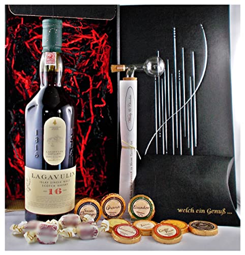 Geschenk Lagavulin 16 Jahre Single Malt Whisky + Glaskugelportionierer + Edelschokolade + Whiskey Fudge von H-BO