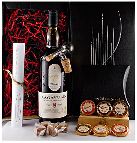 Geschenk Lagavulin 8 Jahre Islay scotch Single Malt Whisky + Glaskugelportionierer + Edelschokolade + Fudge von H-BO