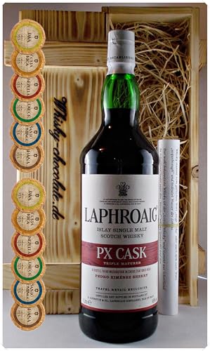 Geschenk Laphroaig PX 1 Liter Single Malt Whisky + 12 Edelschokoladen in Holzkiste von H-BO