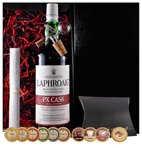 Geschenk Laphroaig PX 1 Liter Single Malt Whisky + Glaskugelportionierer + Edelschokolade + Fudge von H-BO