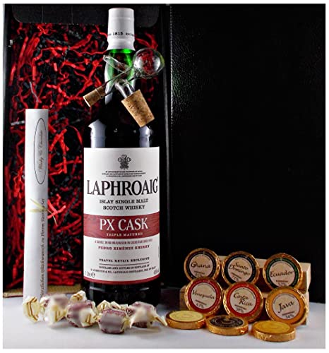 Geschenk Laphroaig PX 1 Liter Single Malt Whisky + Glaskugelportionierer + Edelschokolade + Fudge von H-BO
