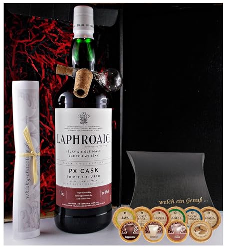 Geschenk Laphroaig PX 1 Liter Single Malt Whisky + Glaskugelportionierer + Edelschokoladen von H-BO