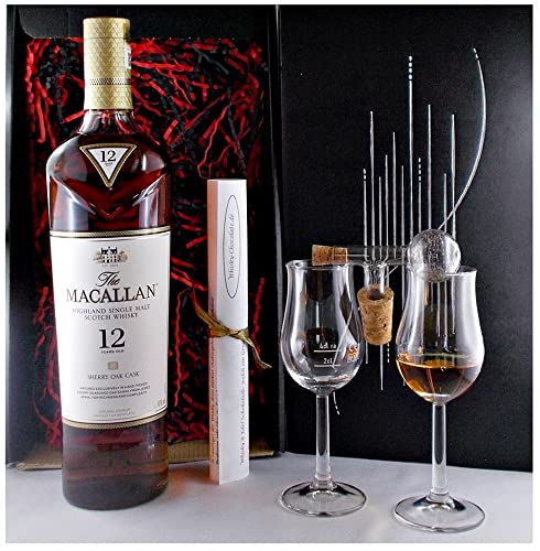 Geschenk Macallan 12 Jahre Sherry Oak Single Malt Whisky + 2 Bugatti Gläser +1 Glaskugelportionierer von H-BO