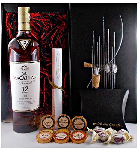 Geschenk Macallan 12 Jahre Sherry Oak Single Malt Whisky + Glaskugelportionierer + Edelschokolade + Fudge von H-BO