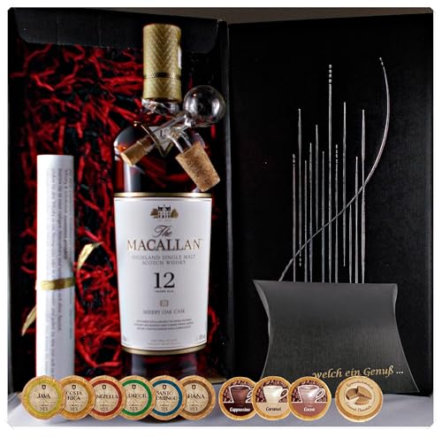 Geschenk Macallan 12 Jahre Sherry Oak Single Malt Whisky + Glaskugelportionierer + Edelschokoladen von H-BO