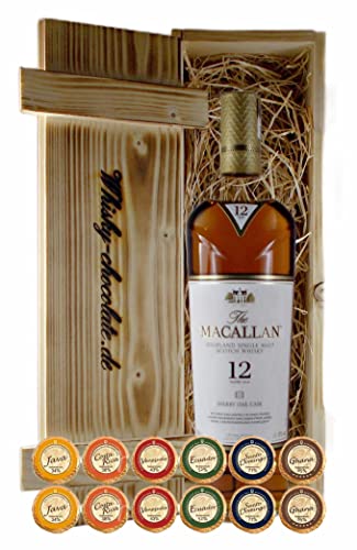 Geschenk Macallan 12 Jahre Sherry Oak Single Malt Whisky +12 Edelschokoladen in Holzkiste von H-BO