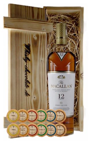 Geschenk Macallan 12 Jahre Sherry Oak Single Malt Whisky +12 Edelschokoladen in Holzkiste von H-BO