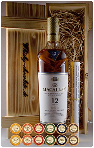 Geschenk Macallan Triple Cask 12 Jahre Single Malt Whisky + 12 Edelschokoladen in Holzkiste von H-BO