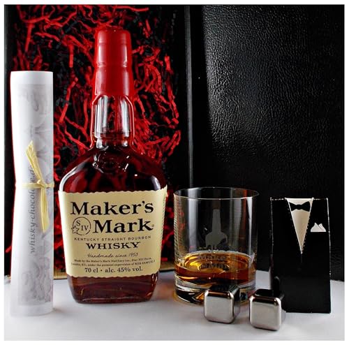 Geschenk Maker's Mark Bourbon Whisky + Original Glas + 2 Whiskey Kühlsteine im Smoking von H-BO