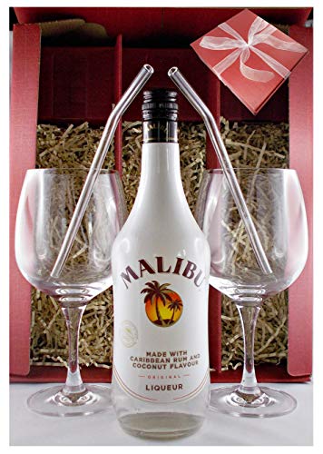 Geschenk Malibu Caribbean Rum Likör + 2 Cocktail Gläser + 2 Glastrinkhalme von H-BO
