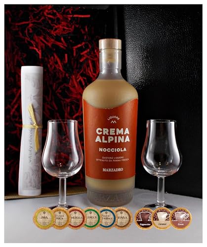 Geschenk Marzadro Crema Alpina Nocciola Haselnuss Likör + 2 Likörgläser + 9 Edelschokoladen Geschenk Marzadro Crema Alpina Nocciola Haselnuss Likör + 2 Likörgläser + 9 Edelschokoladen von H-BO
