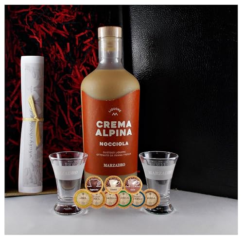 Geschenk Marzadro Crema Alpina Nocciola Haselnuss Likör + 2 Original Gläser mit Aufschrift + 9 Edelschokoladen Geschenk Marzadro Crema Alpina Nocciola Haselnuss Likör + 2 Original Gläser mit Aufschrift + 9 Edelschokoladen von H-BO