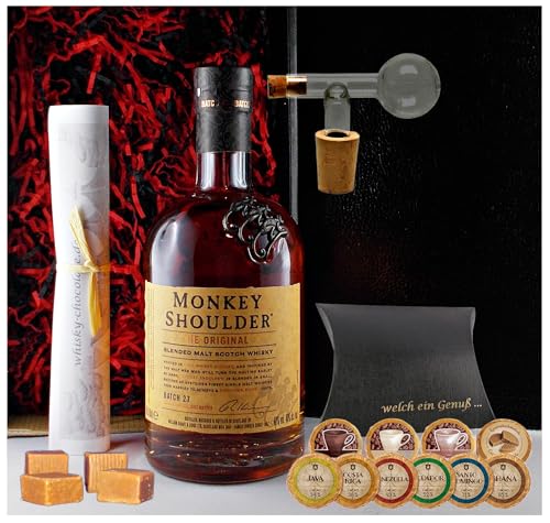 Geschenk Monkey Shoulder Blended Malt Whisky + Glaskugelportionierer + Edelschokolade + Fudge von H-BO