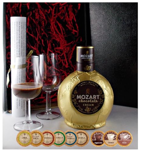 Geschenk Mozart Chocolate Cream Likör + 2 Likörgläser + 9 Edelschokoladen DreiMeister von H-BO
