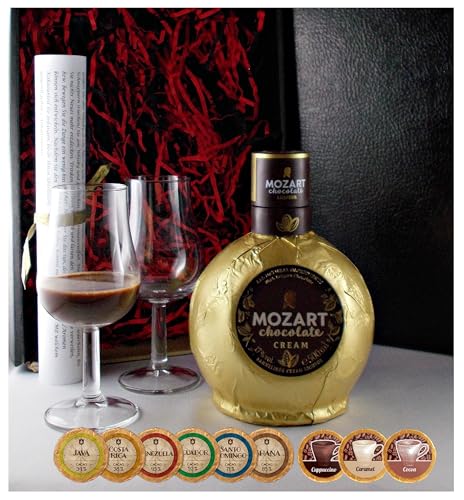 Geschenk Mozart Chocolate Cream Likör + 2 Stilgläser + 9 Edelschokoladen DreiMeister von H-BO